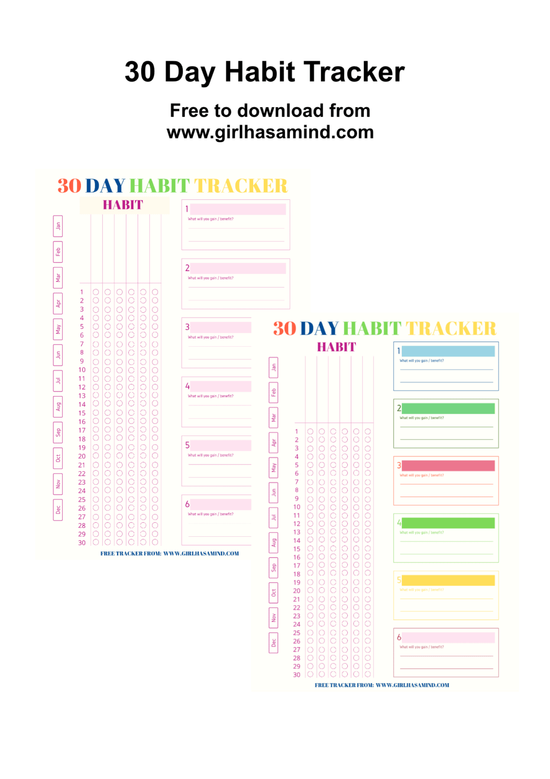 Want to start a NEW HABIT? Or lose a BAD habit? Download the free A4 30 Day Free Habit Tracker Worksheet and achieve your New Year's Resolutions the easy way. | girlhasamind.com | #printable #freeprintable #habittracker #newyearsresolution #startanewhabit #habittrackerprintable #monthlyhabittrackerprintable #newyearsresolutionmonthly